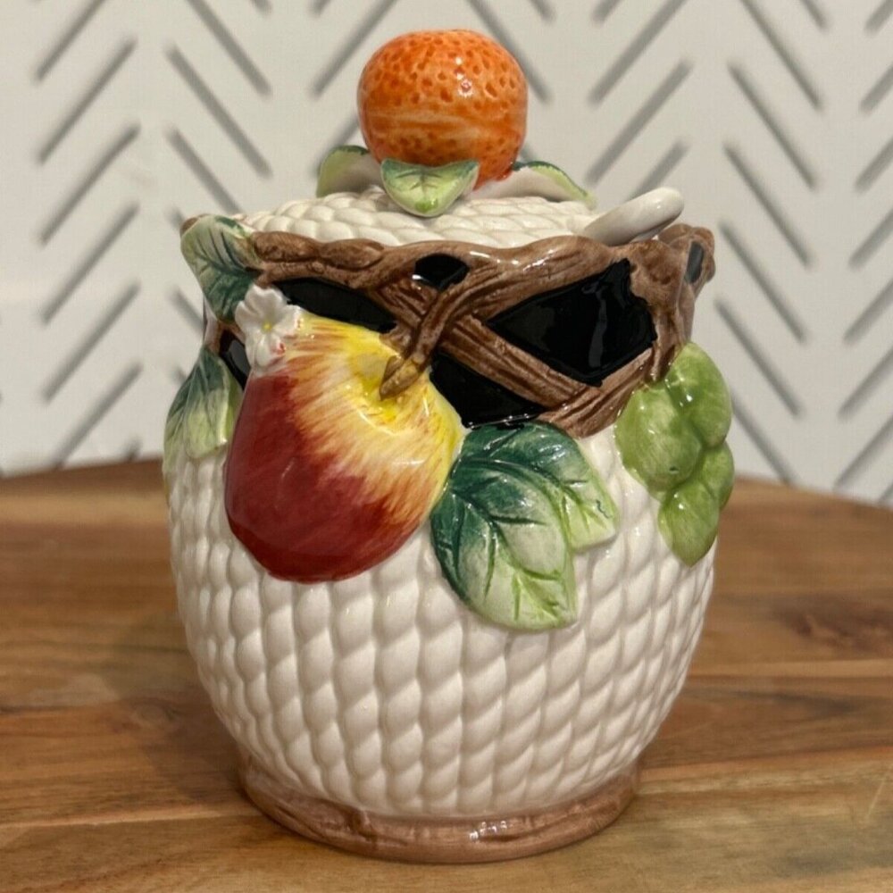 Fitz & Floyd Mediterranean Fruit Sugar Bowl Jam Jar Lid & Spoon Vintage 1992
